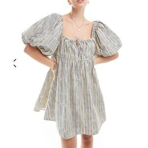 NWT ASOS DESIGN puffed sleeve smock mini dress in yellow stripe sz 10